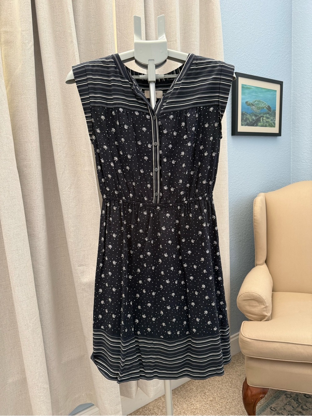 LOFT Preppy Navy White Floral Stripe Sleeveless Dress Size XS